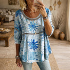 Mireya - Women's Floral Print Blouse with Crochet Trim
