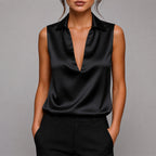 Nadia - Women's Deep V-Neck Satin Sleeveless Shirt