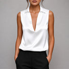 Nadia - Women's Deep V-Neck Satin Sleeveless Shirt