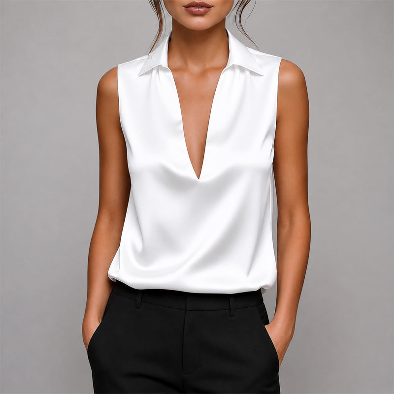 Nadia - Women's Deep V-Neck Satin Sleeveless Shirt