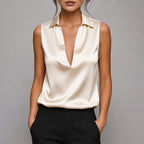 Nadia - Women's Deep V-Neck Satin Sleeveless Shirt