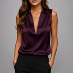 Nadia - Women's Deep V-Neck Satin Sleeveless Shirt