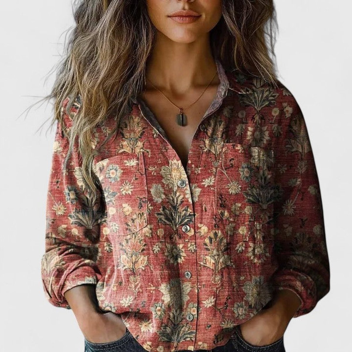 Nadine - Women's Button-Front Lapel Blouse with All-Over Print