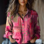 Nadine - Women's Button-Front Lapel Blouse with All-Over Print