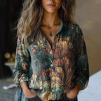 Nadine - Women's Button-Front Lapel Blouse with All-Over Print
