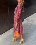 Natalia - Women's Ornamental Print V-Neck A-Line Dress