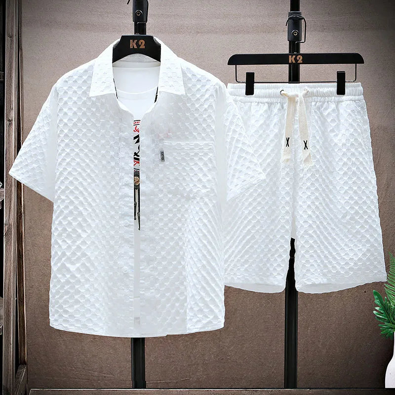 Nicholas - Men's Quilted Jacquard Button-Up Shirt and Shorts Set