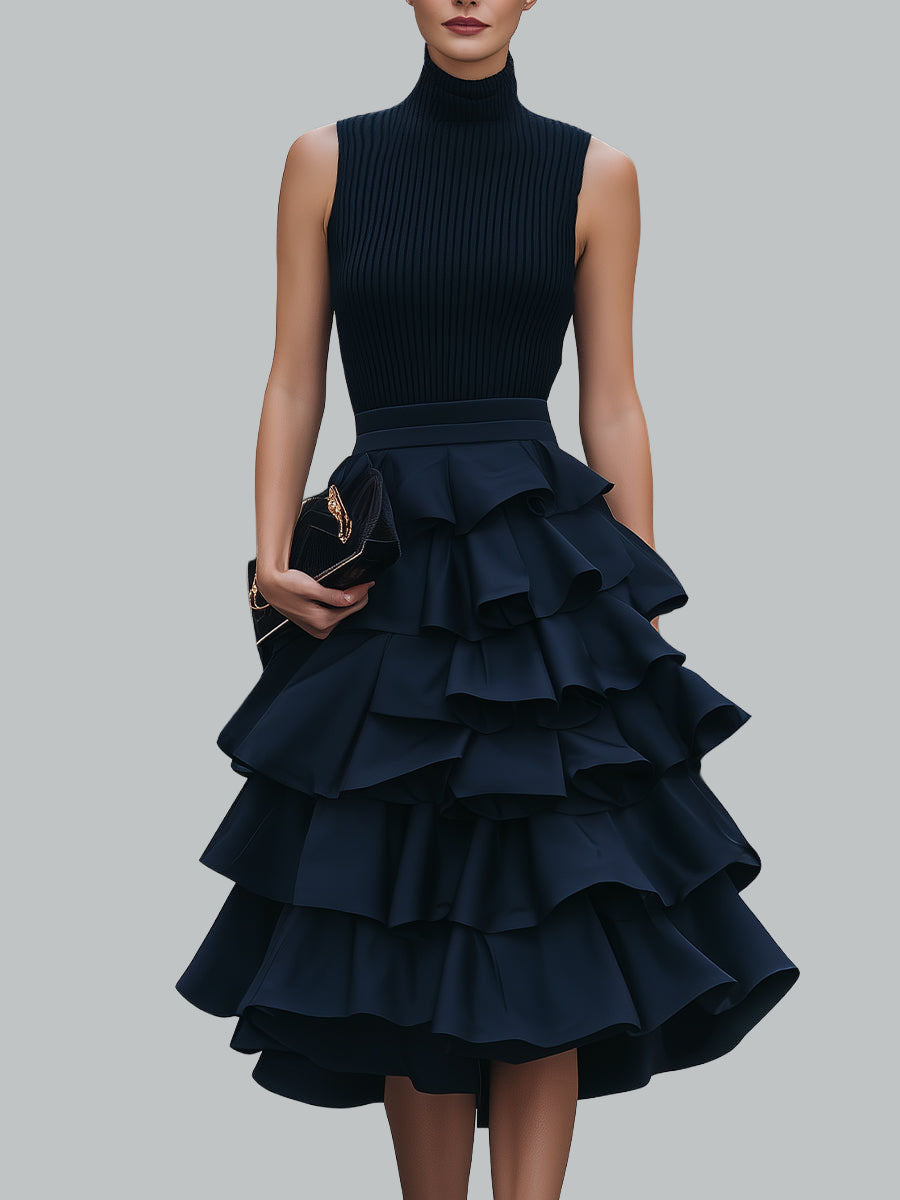 Nicole - Women's Sleeveless Mock-Neck Tiered Ruffle Dress