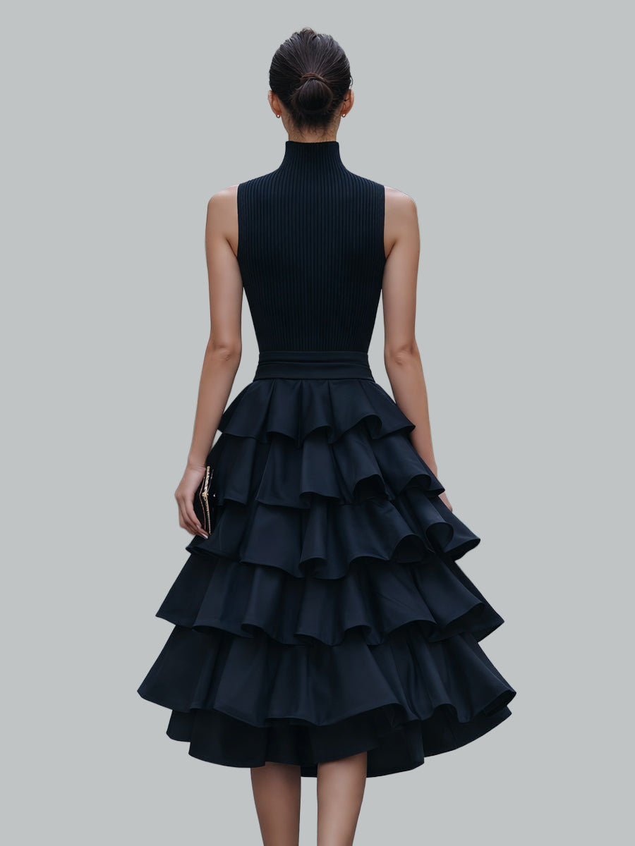 Nicole - Women's Sleeveless Mock-Neck Tiered Ruffle Dress