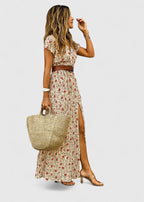 Nikka - Women's Printed V-Neck Dress with Belted Waist