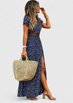Nikka - Women's Printed V-Neck Dress with Belted Waist