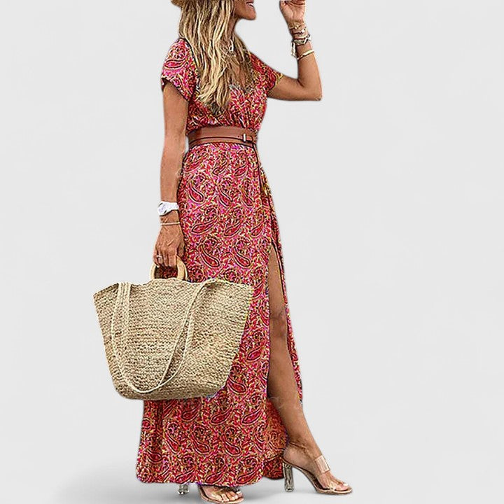 Nikka - Women's Printed V-Neck Dress with Belted Waist