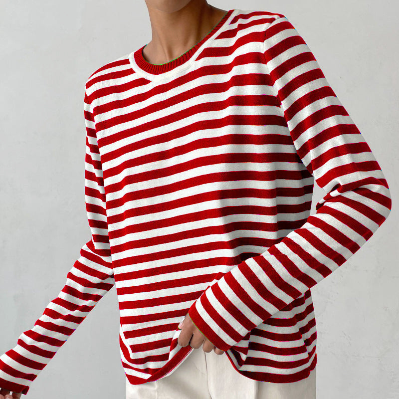 Paloma - Women's Striped Long Sleeve Crew Neck Knit Top