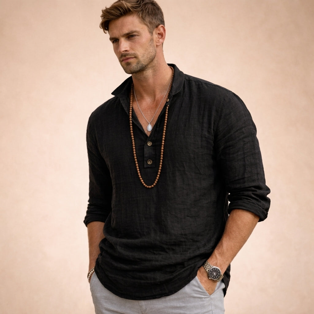 Patrick - Men's Button-Placket Linen Henley Shirt