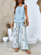 Portia - Women's Layered Sleeveless Top & Wide-Leg Printed Pants Set