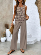 Portia - Women's Layered Sleeveless Top & Wide-Leg Printed Pants Set