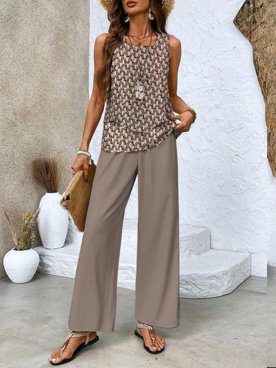 Portia - Women's Layered Sleeveless Top & Wide-Leg Printed Pants Set