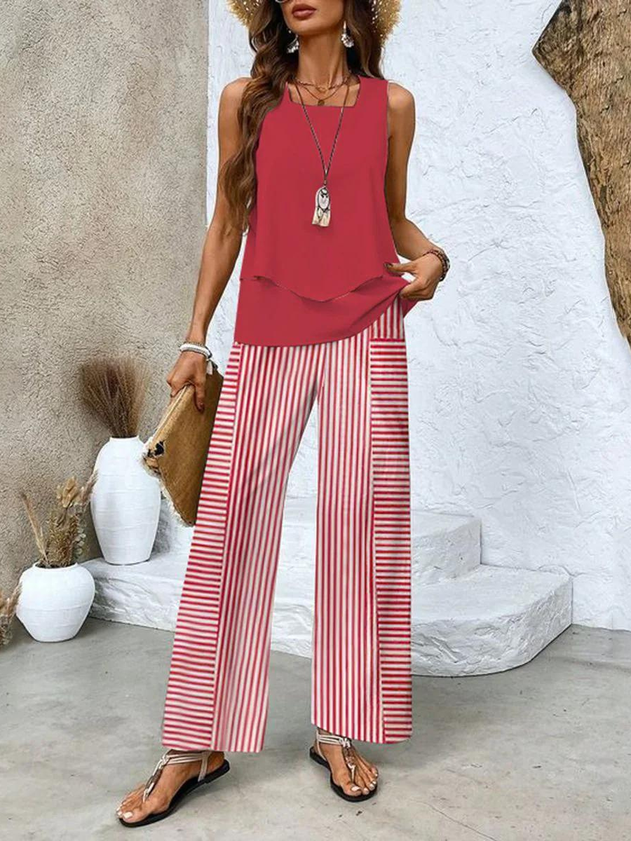 Portia - Women's Layered Sleeveless Top & Wide-Leg Printed Pants Set