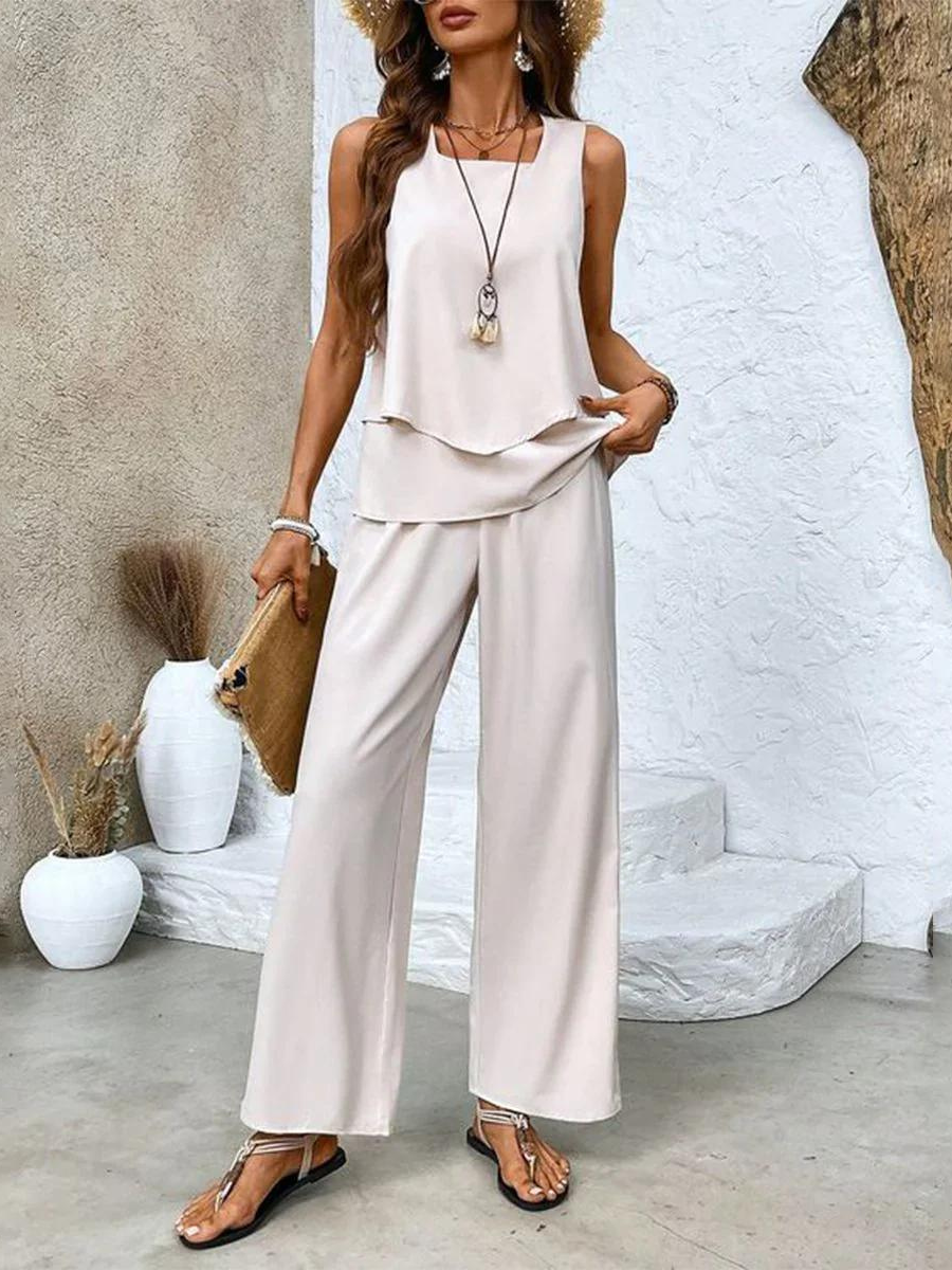 Portia - Women's Layered Sleeveless Top & Wide-Leg Printed Pants Set