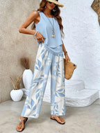 Portia - Women's Layered Sleeveless Top & Wide-Leg Printed Pants Set