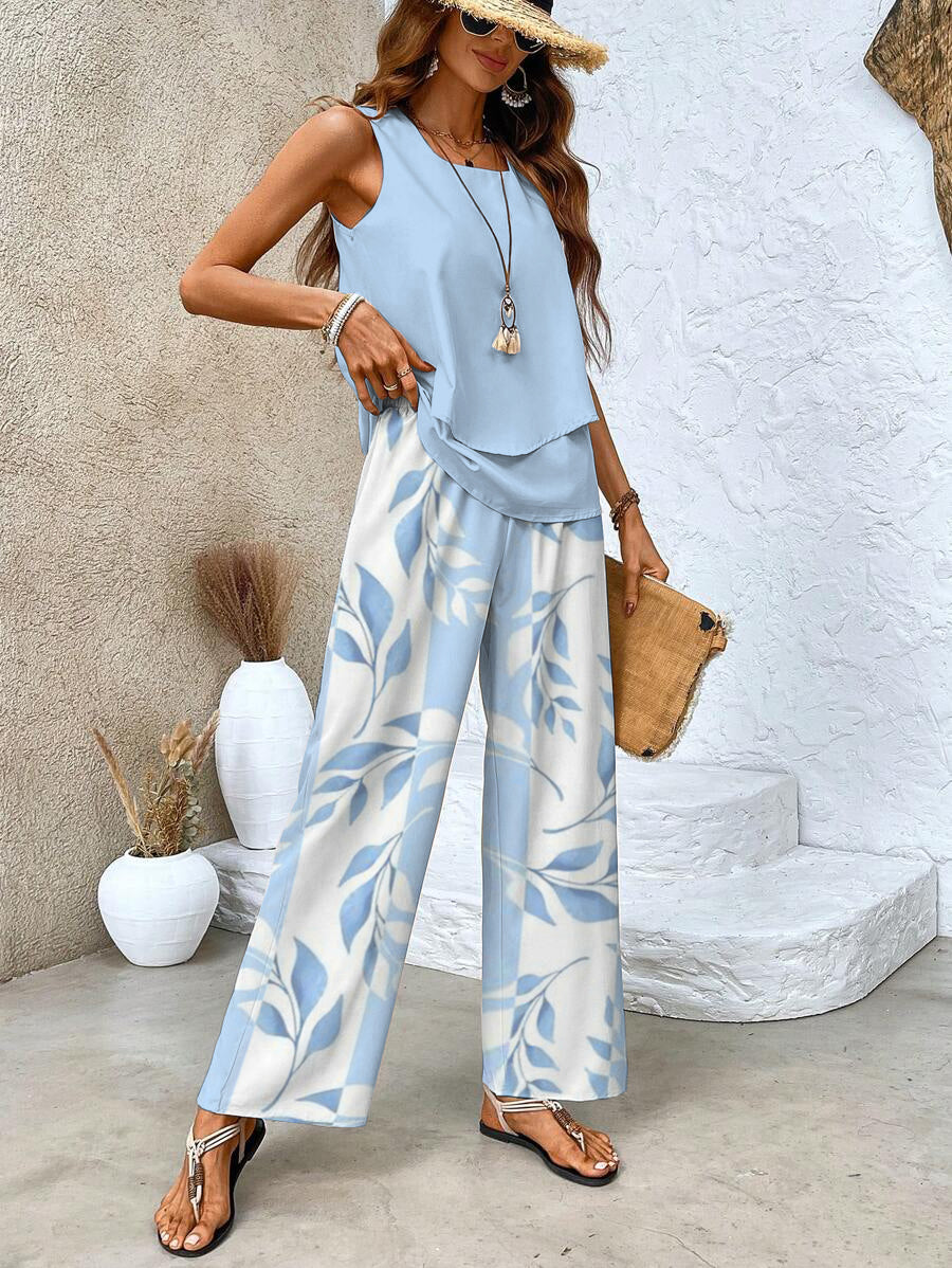 Portia - Women's Layered Sleeveless Top & Wide-Leg Printed Pants Set