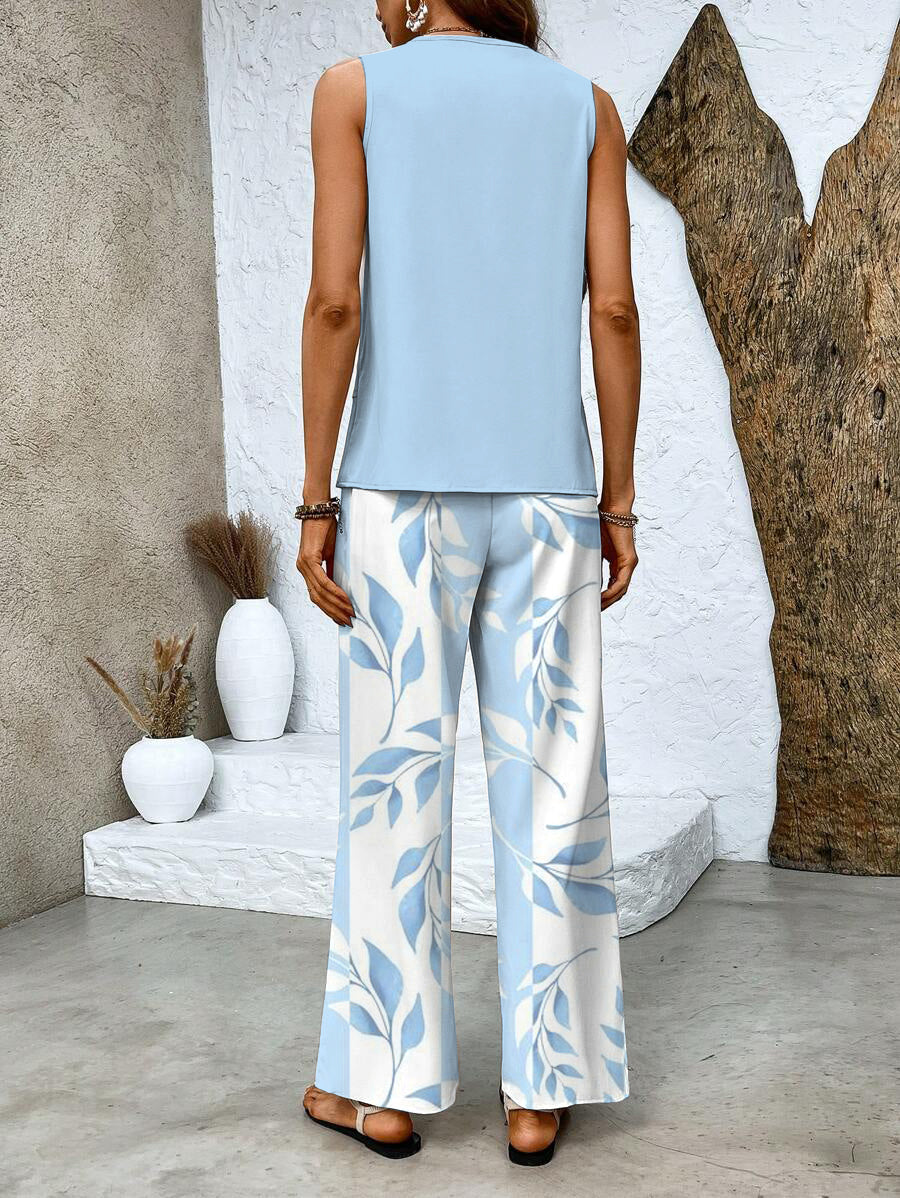 Portia - Women's Layered Sleeveless Top & Wide-Leg Printed Pants Set