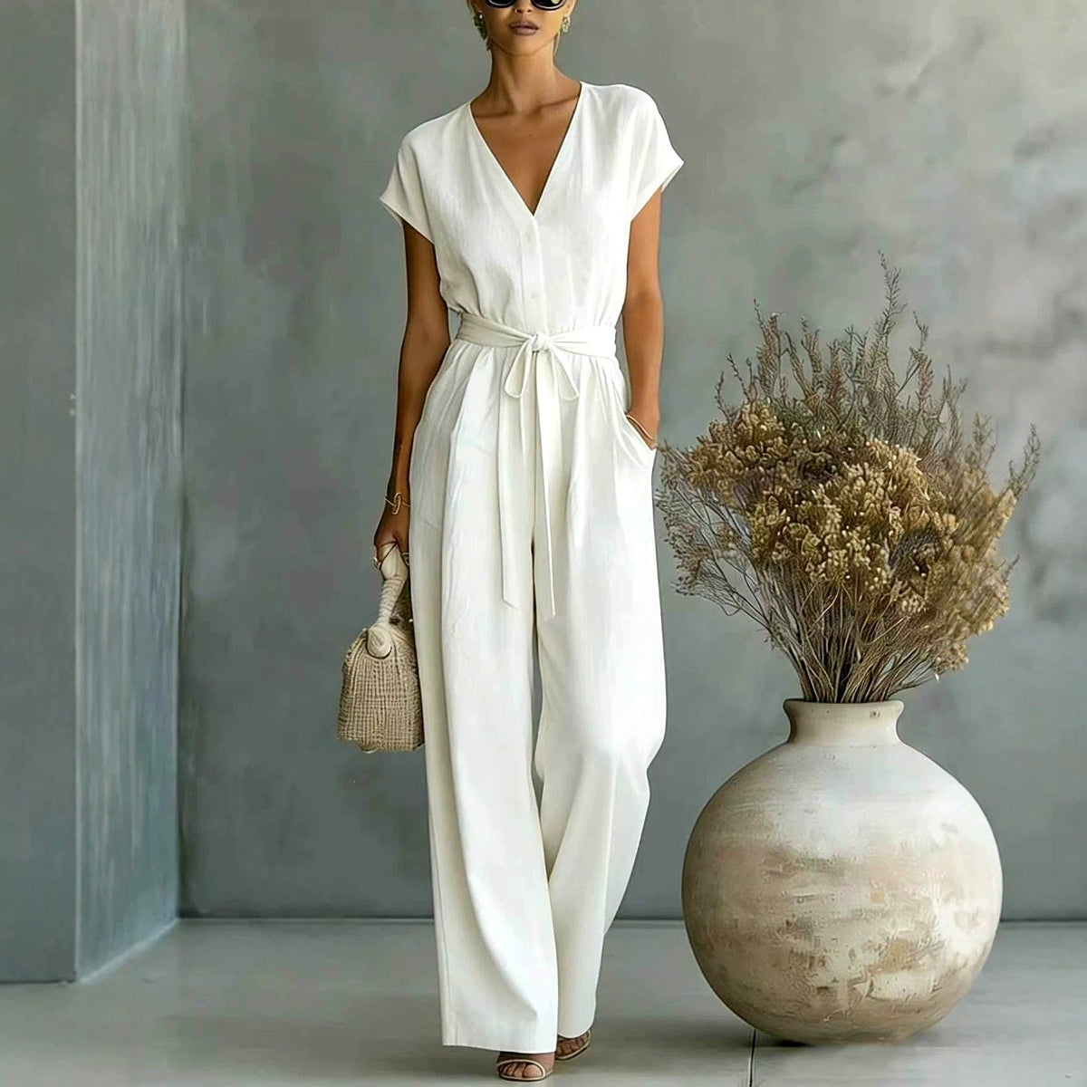 Raina - Women's V-Neck Wide-Leg Belted Jumpsuit
