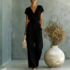 Raina - Women's V-Neck Wide-Leg Belted Jumpsuit