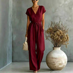 Raina - Women's V-Neck Wide-Leg Belted Jumpsuit