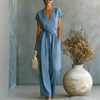 Raina - Women's V-Neck Wide-Leg Belted Jumpsuit