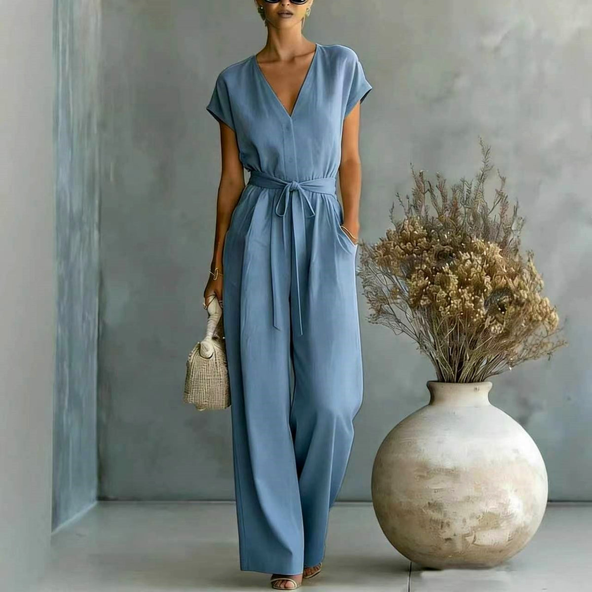 Raina - Women's V-Neck Wide-Leg Belted Jumpsuit