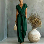 Raina - Women's V-Neck Wide-Leg Belted Jumpsuit