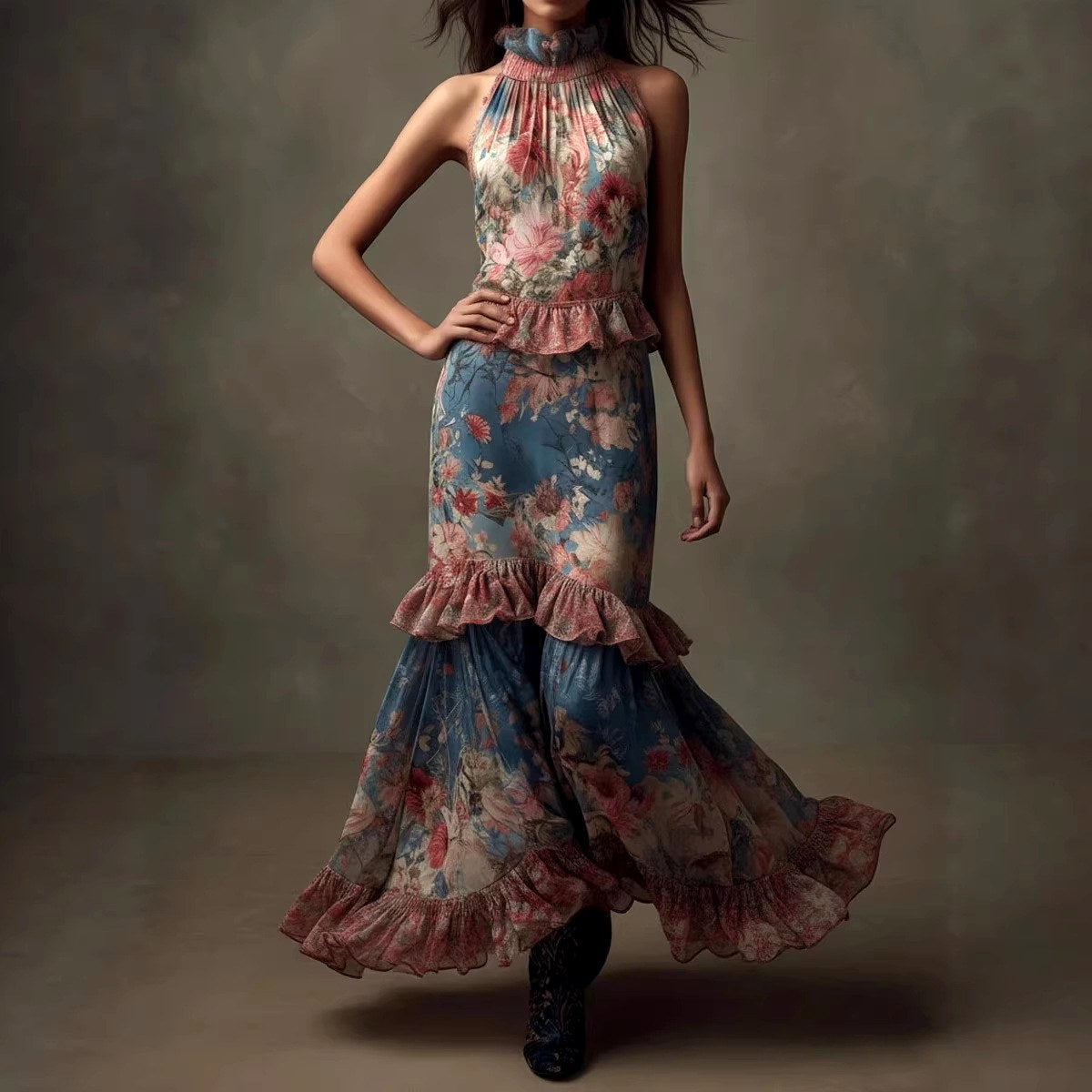 Rhea - Women's Halter High-Neck Floral Dress