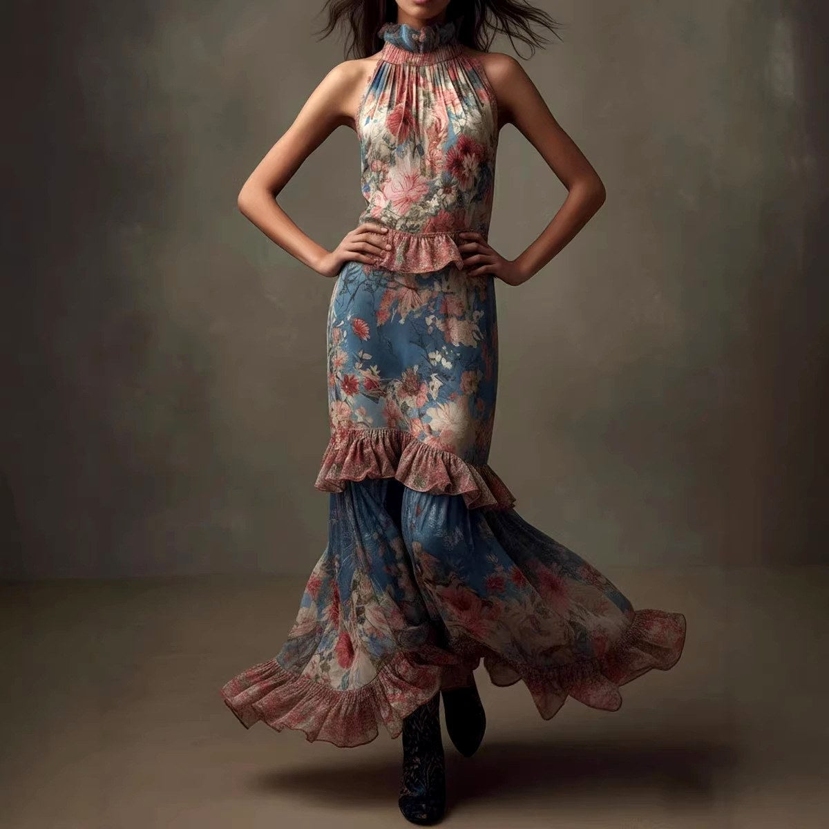 Rhea - Women's Halter High-Neck Floral Dress