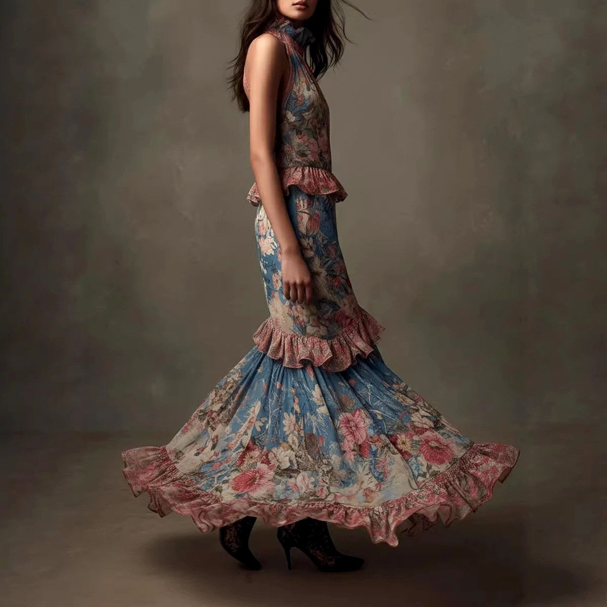 Rhea - Women's Halter High-Neck Floral Dress