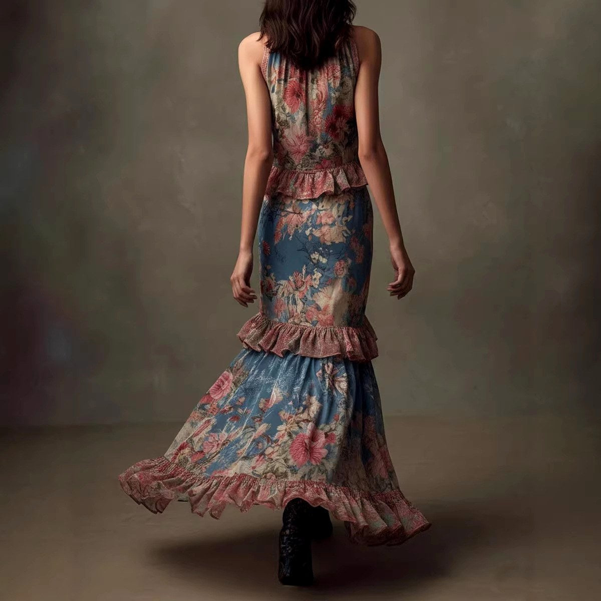 Rhea - Women's Halter High-Neck Floral Dress