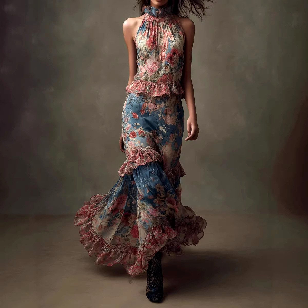 Rhea - Women's Halter High-Neck Floral Dress