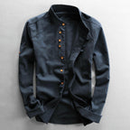 Ricardo - Men's Cotton-Linen Button-Front Shirt with Stand Collar