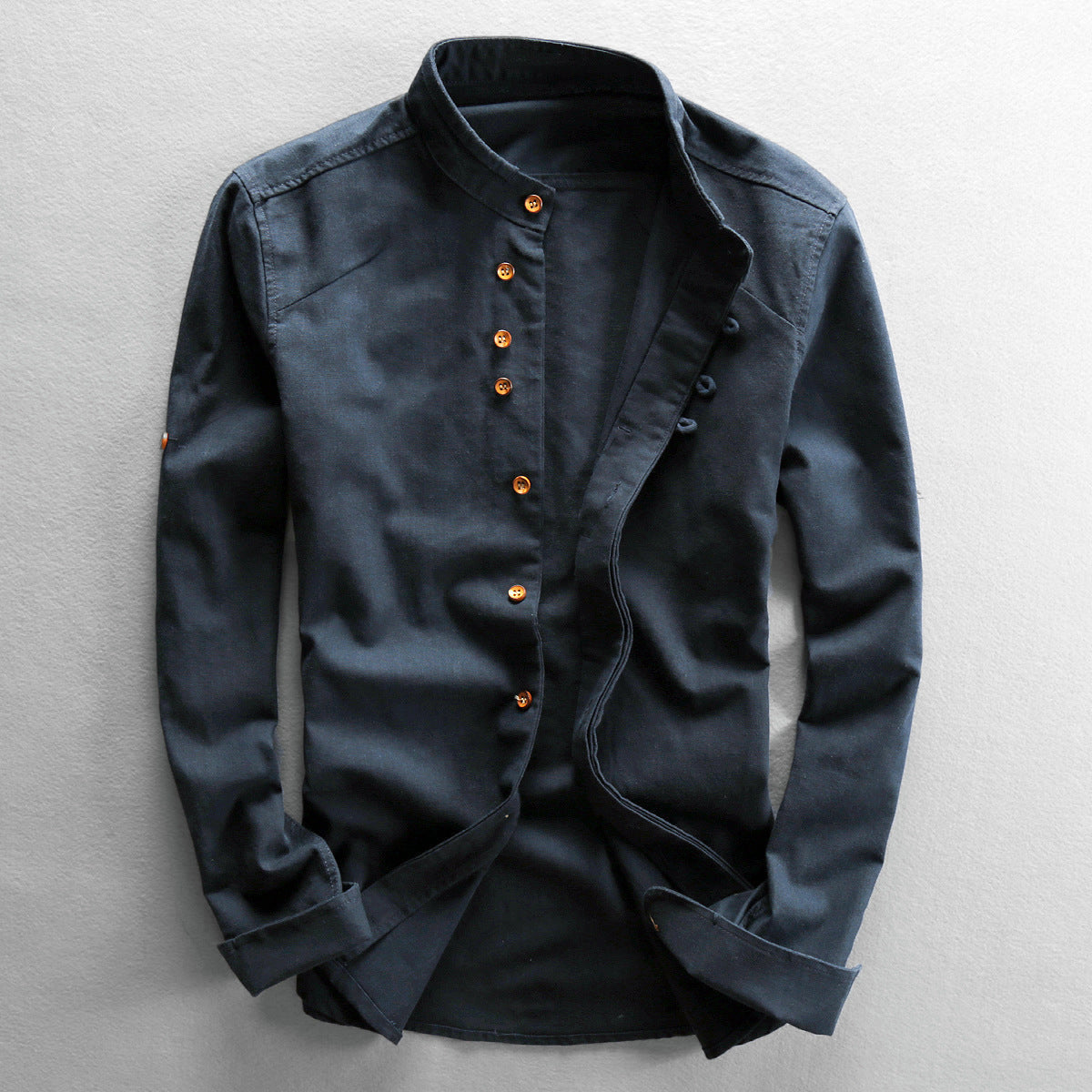Ricardo - Men's Cotton-Linen Button-Front Shirt with Stand Collar