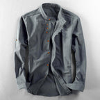 Ricardo - Men's Cotton-Linen Button-Front Shirt with Stand Collar