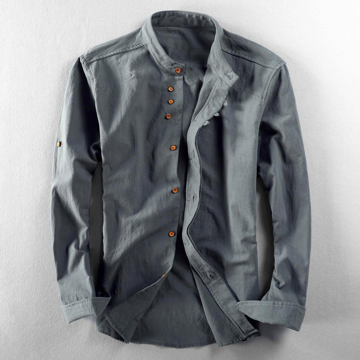 Ricardo - Men's Cotton-Linen Button-Front Shirt with Stand Collar