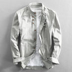 Ricardo - Men's Cotton-Linen Button-Front Shirt with Stand Collar