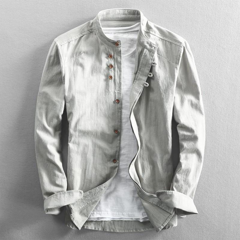 Ricardo - Men's Cotton-Linen Button-Front Shirt with Stand Collar