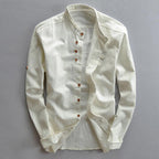 Ricardo - Men's Cotton-Linen Button-Front Shirt with Stand Collar