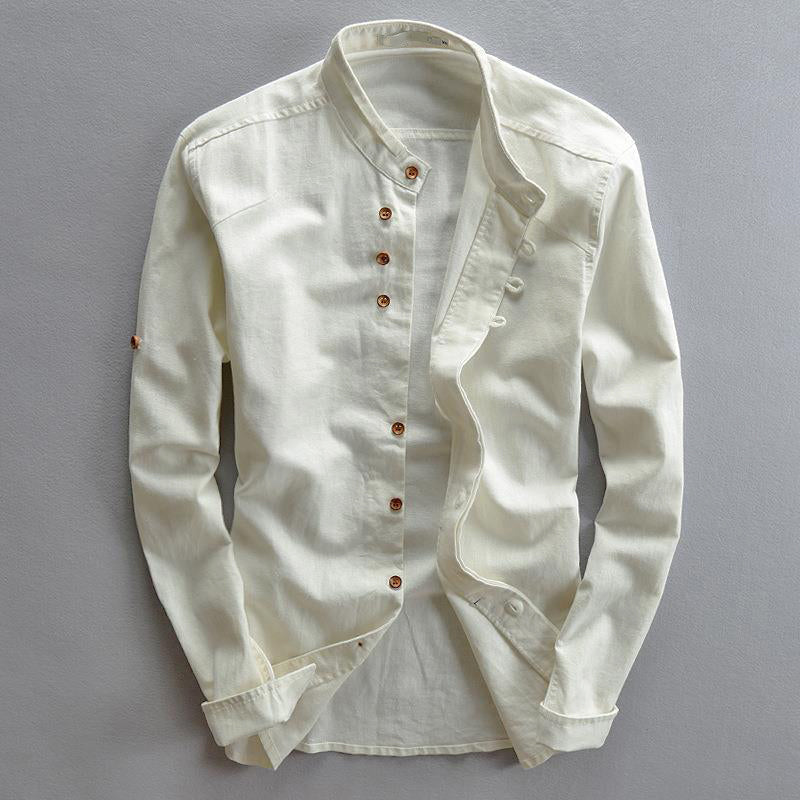 Ricardo - Men's Cotton-Linen Button-Front Shirt with Stand Collar