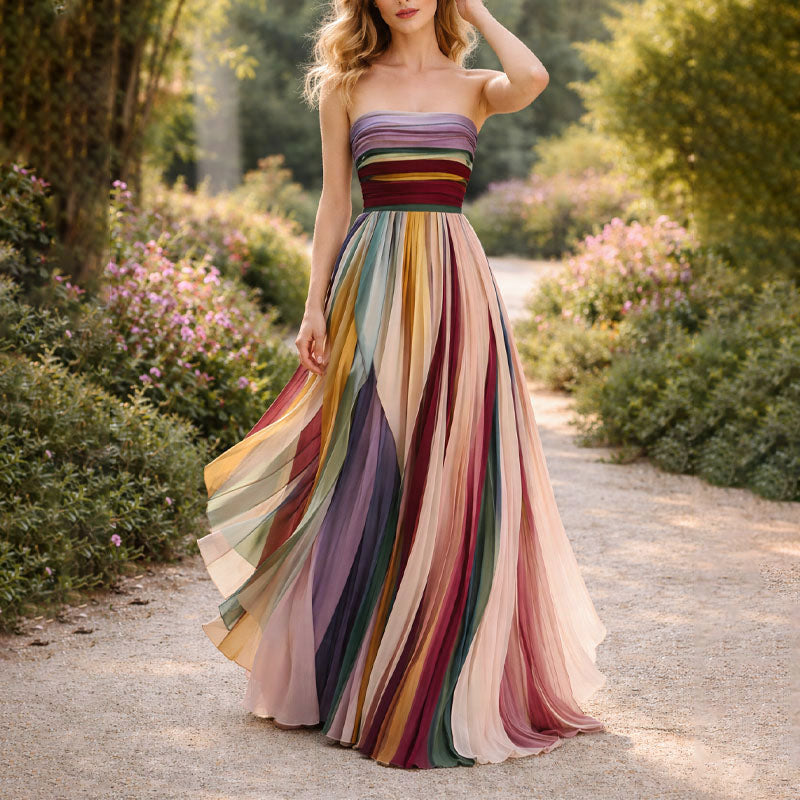 Riley - Women's Striped Strapless Pleated Chiffon Dress