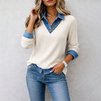 Riza - Women's Ribbed Knit Pullover with Denim Collar