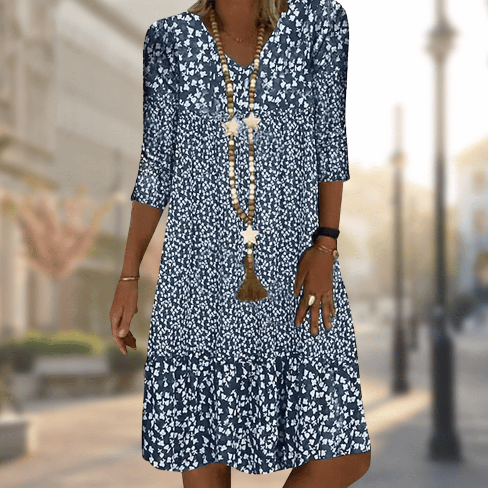 Rosalind - Women's Floral Print 3/4 Sleeve A-Line Dress