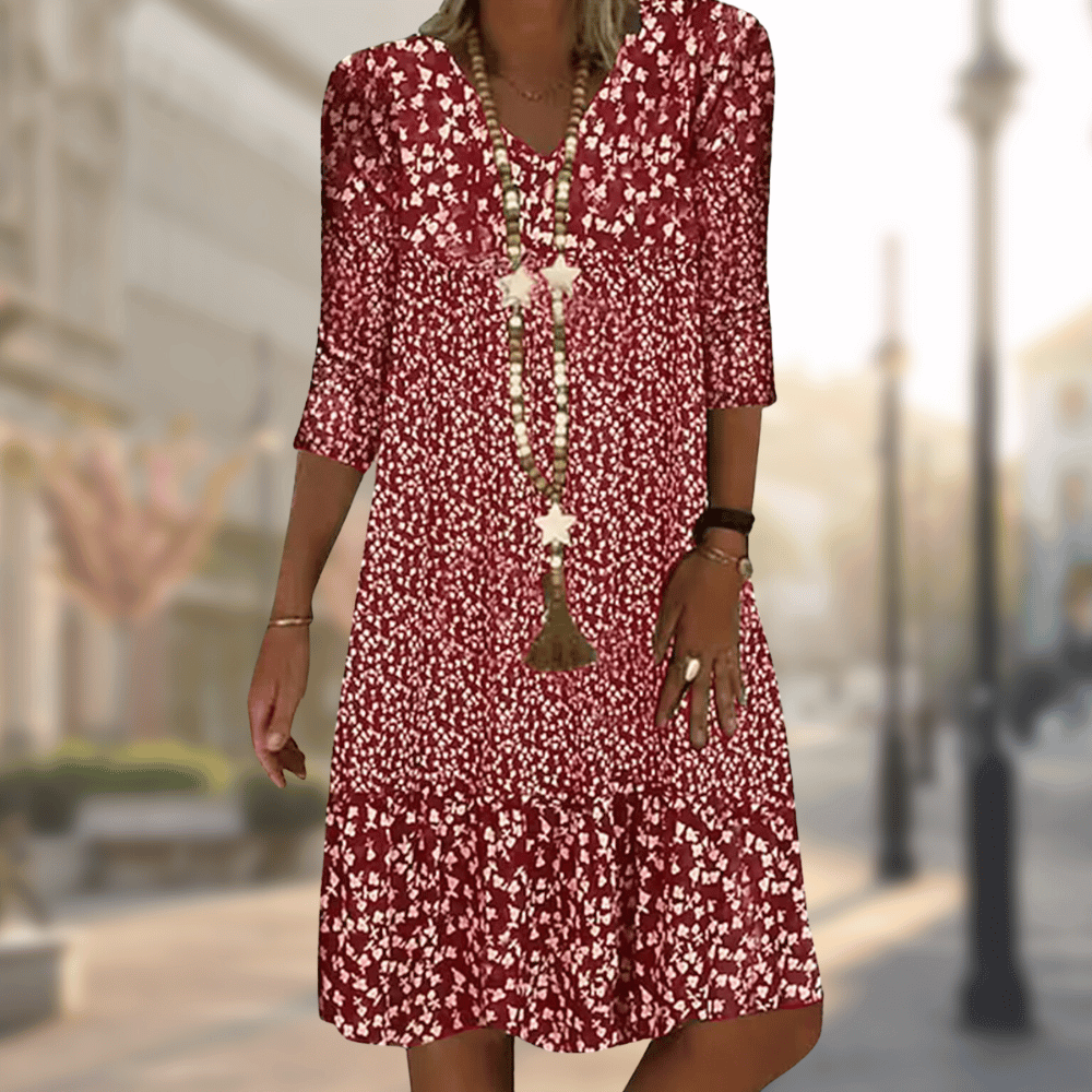 Rosalind - Women's Floral Print 3/4 Sleeve A-Line Dress