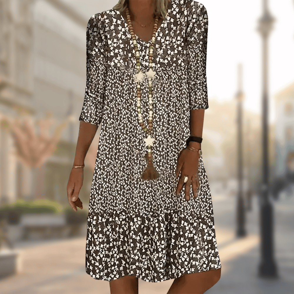 Rosalind - Women's Floral Print 3/4 Sleeve A-Line Dress